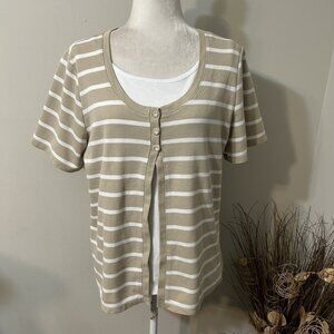 Allison Daley Women Beige White Striped Layered Look Cardigan Knit Top Sz L